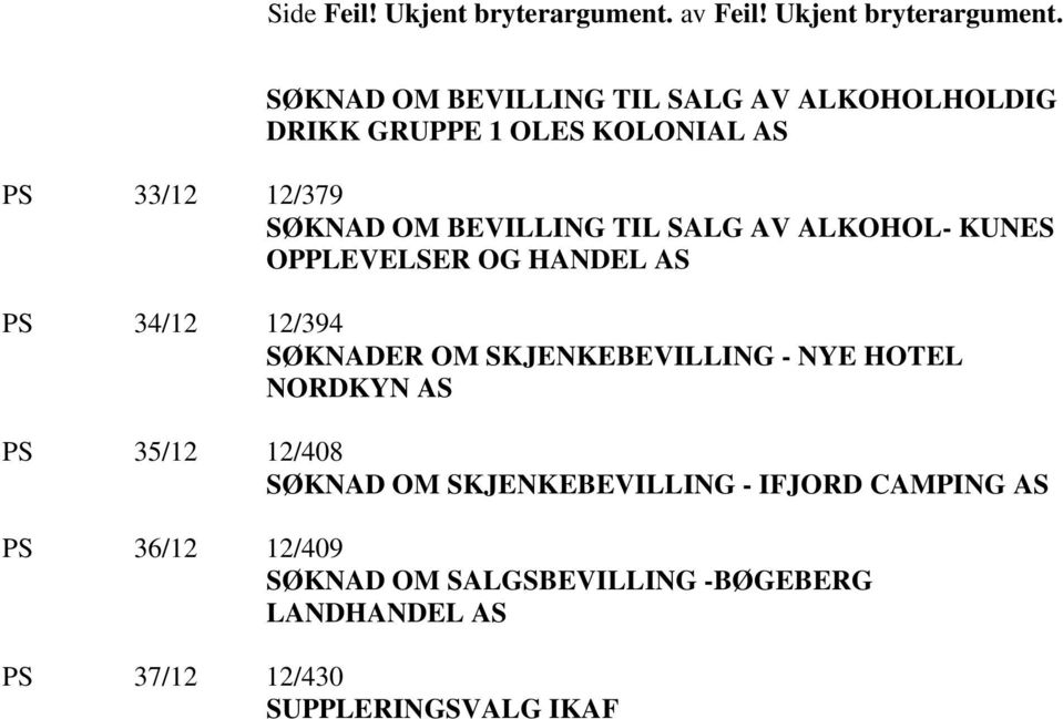 SØKNAD OM BEVILLING TIL SALG AV ALKOHOLHOLDIG DRIKK GRUPPE 1 OLES KOLONIAL AS PS 33/12 12/379 SØKNAD OM BEVILLING