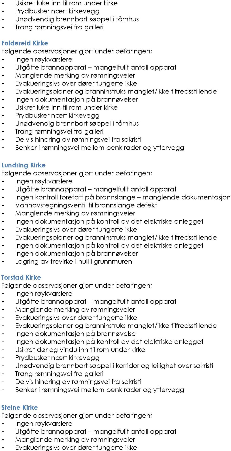 Ingen kontroll foretatt på brannslange manglende dokumentasjon - Vannavstegningsventil til brannslange defekt - Ingen dokumentasjon på brannøvelser - Lagring av trevirke i hull i grunnmuren Torstad