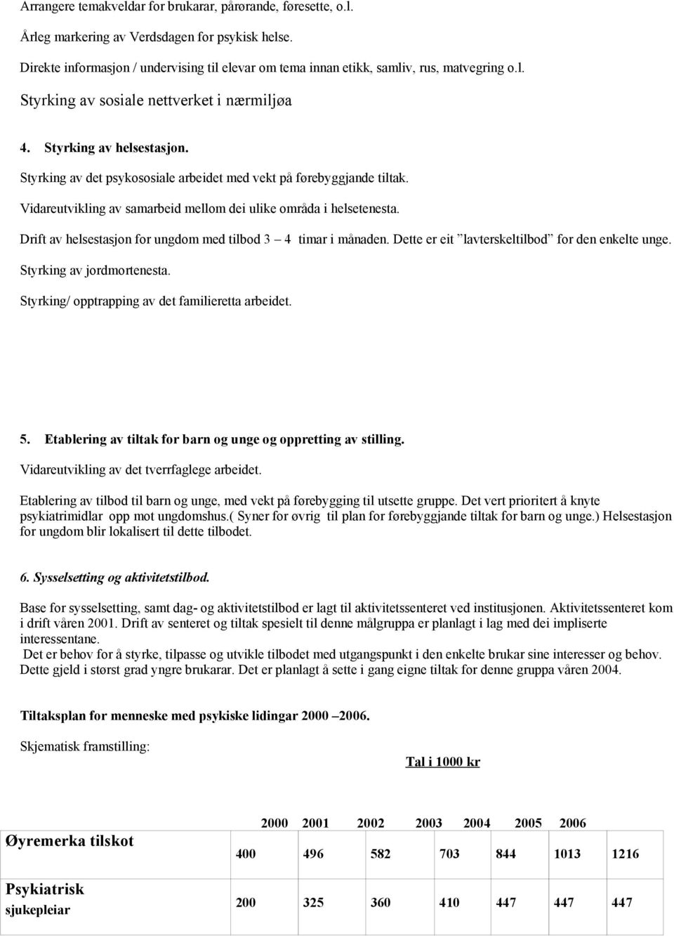 Styrking av det psykososiale arbeidet med vekt på førebyggjande tiltak. Vidareutvikling av samarbeid mellom dei ulike områda i helsetenesta.