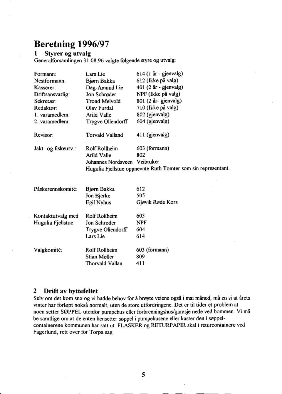 (Ikke på valg) Sekretær: Trond Melvold 801 (2 år- gjenvalg) Redaktør: Olav Furdal 710 (Ikke på valg) 1. varamedlem: Arild Valle 802 (gjenvalg) 2.