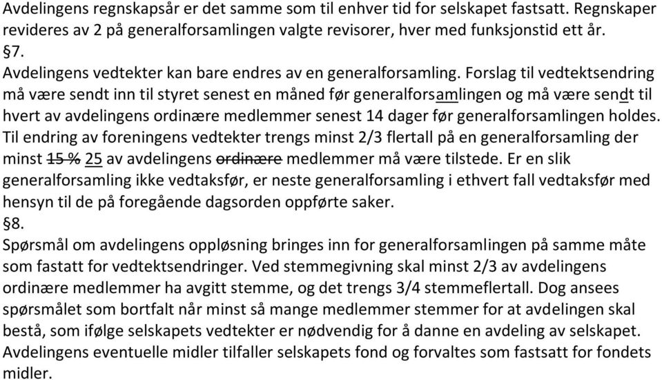 Forslag til vedtektsendring må være sendt inn til styret senest en måned før generalforsamlingen og må være sendt til hvert av avdelingens ordinære medlemmer senest 14 dager før generalforsamlingen