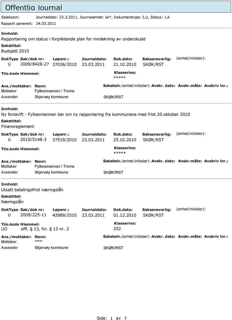 : Mottaker Fylkesmannen i Troms Ny forskrift - Fylkesmannen ber om ny rapportering fra kommunene med frist 20.oktober 2010 Finansreglement 2010/5148-3 37519/2010 25.10.2010 Avs.