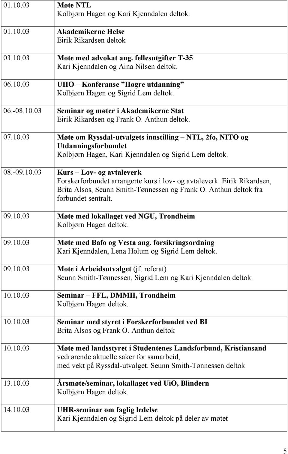 08.-09.10.03 Kurs Lov- og avtaleverk Forskerforbundet arrangerte kurs i lov- og avtaleverk. Eirik Rikardsen, Brita Alsos, Seunn Smith-Tønnessen og Frank O. Anthun deltok fra forbundet sentralt. 09.10.03 Møte med lokallaget ved NGU, Trondheim Kolbjørn Hagen deltok.