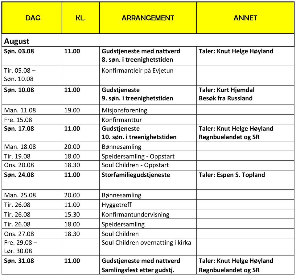 00 Speidersamling - Oppstart Ons. 20.08 18.30 Soul Children - Oppstart Søn. 24.08 11.00 Storfamiliegudstjeneste Taler: Espen S. Topland Man. 25.08 20.00 Bønnesamling Tir. 26.08 11.00 Hyggetreff Tir.