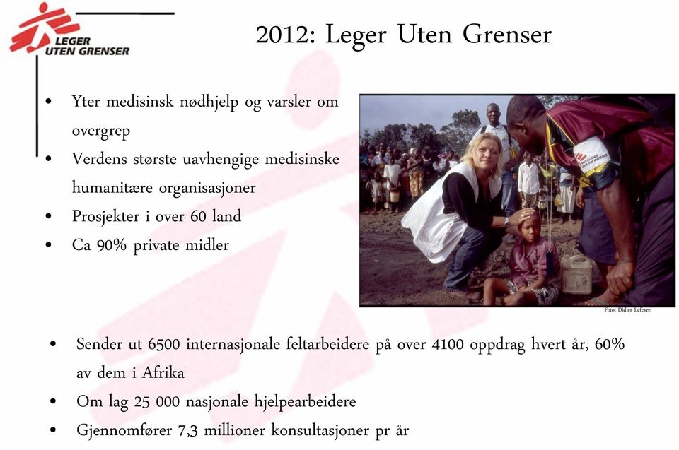 Sender ut 6500 internasjonale feltarbeidere på over 4100 oppdrag hvert år, 60% av dem i Afrika