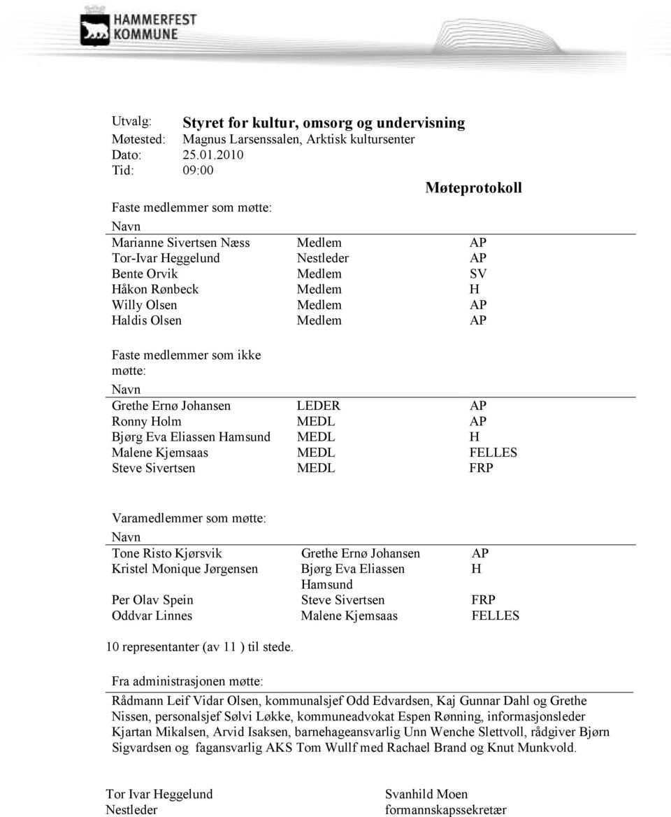 Haldis Olsen Medlem AP Faste medlemmer som ikke møtte: Navn Grethe Ernø Johansen LEDER AP Ronny Holm MEDL AP Bjørg Eva Eliassen Hamsund MEDL H Malene Kjemsaas MEDL FELLES Steve Sivertsen MEDL FRP