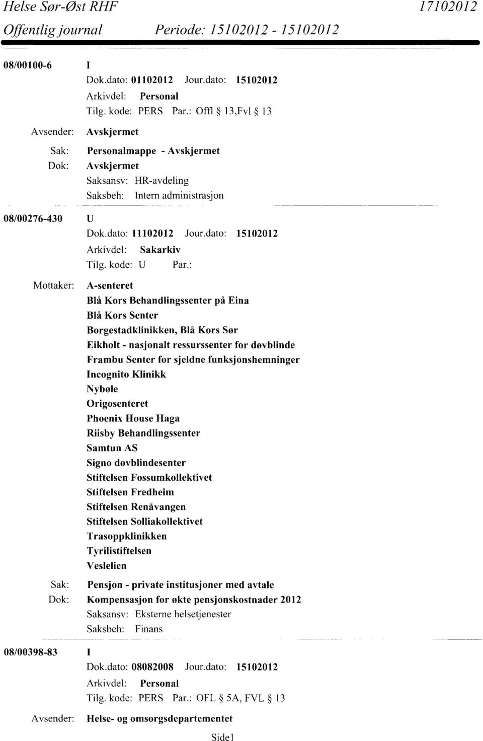 dato: 15102012 Mottaker: A-senteret Blå Kors Behandlingssenter på Eina Blå Kors Senter Borgestadklinikken, Blå Kors Sør Eikholt - nasjonalt ressurssenter for døvblinde Frambu Senter for sjeldne