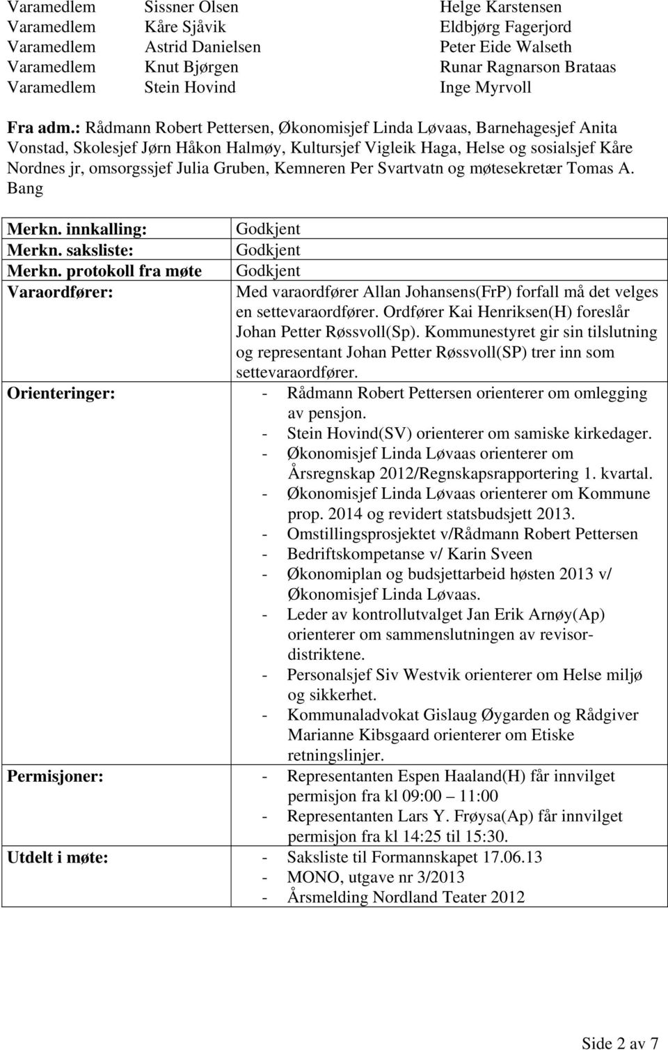 : Rådmann Robert Pettersen, Økonomisjef Linda Løvaas, Barnehagesjef Anita Vonstad, Skolesjef Jørn Håkon Halmøy, Kultursjef Vigleik Haga, Helse og sosialsjef Kåre Nordnes jr, omsorgssjef Julia Gruben,