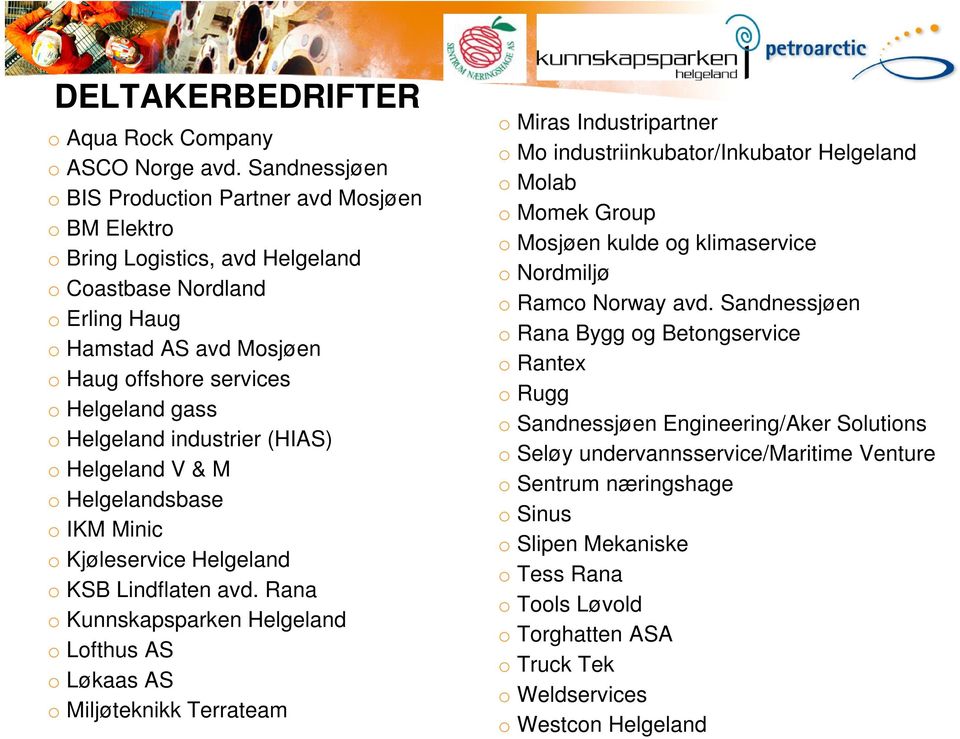Helgeland industrier (HIAS) o Helgeland V & M o Helgelandsbase o IKM Minic o Kjøleservice Helgeland o KSB Lindflaten avd.