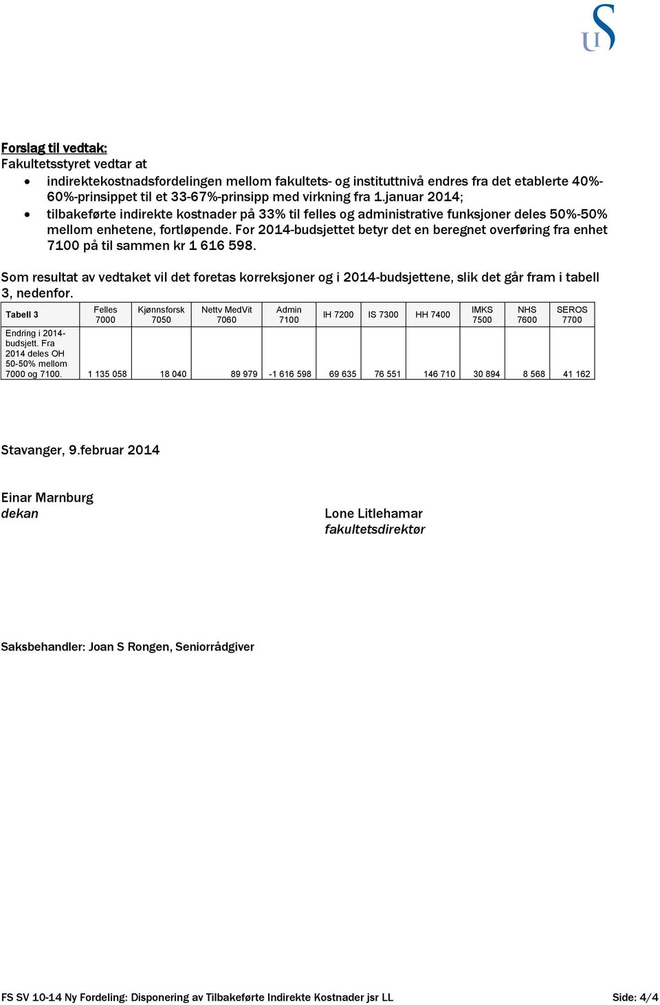 For 2014-budsjettet betyr det en beregnet overføring fra enhet 7100 på til sammen kr 1 616 598.