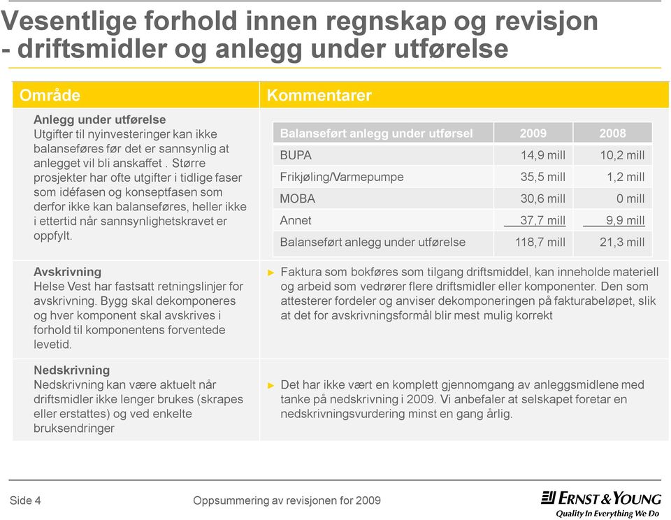 Avskrivning Helse Vest har fastsatt retningslinjer for avskrivning. Bygg skal dekomponeres og hver komponent skal avskrives i forhold til komponentens forventede levetid.