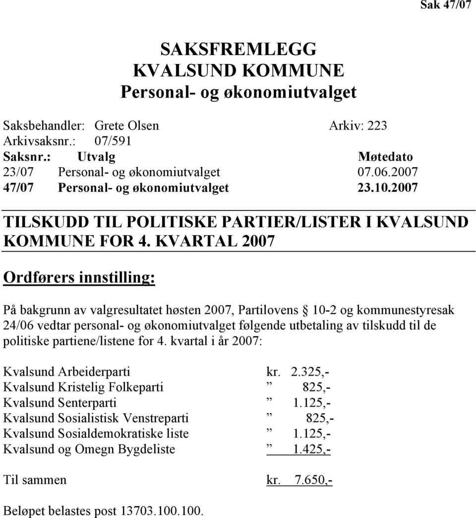 KVARTAL 2007 Ordførers innstilling: På bakgrunn av valgresultatet høsten 2007, Partilovens 10-2 og kommunestyresak 24/06 vedtar personal- og økonomiutvalget følgende utbetaling av tilskudd til de