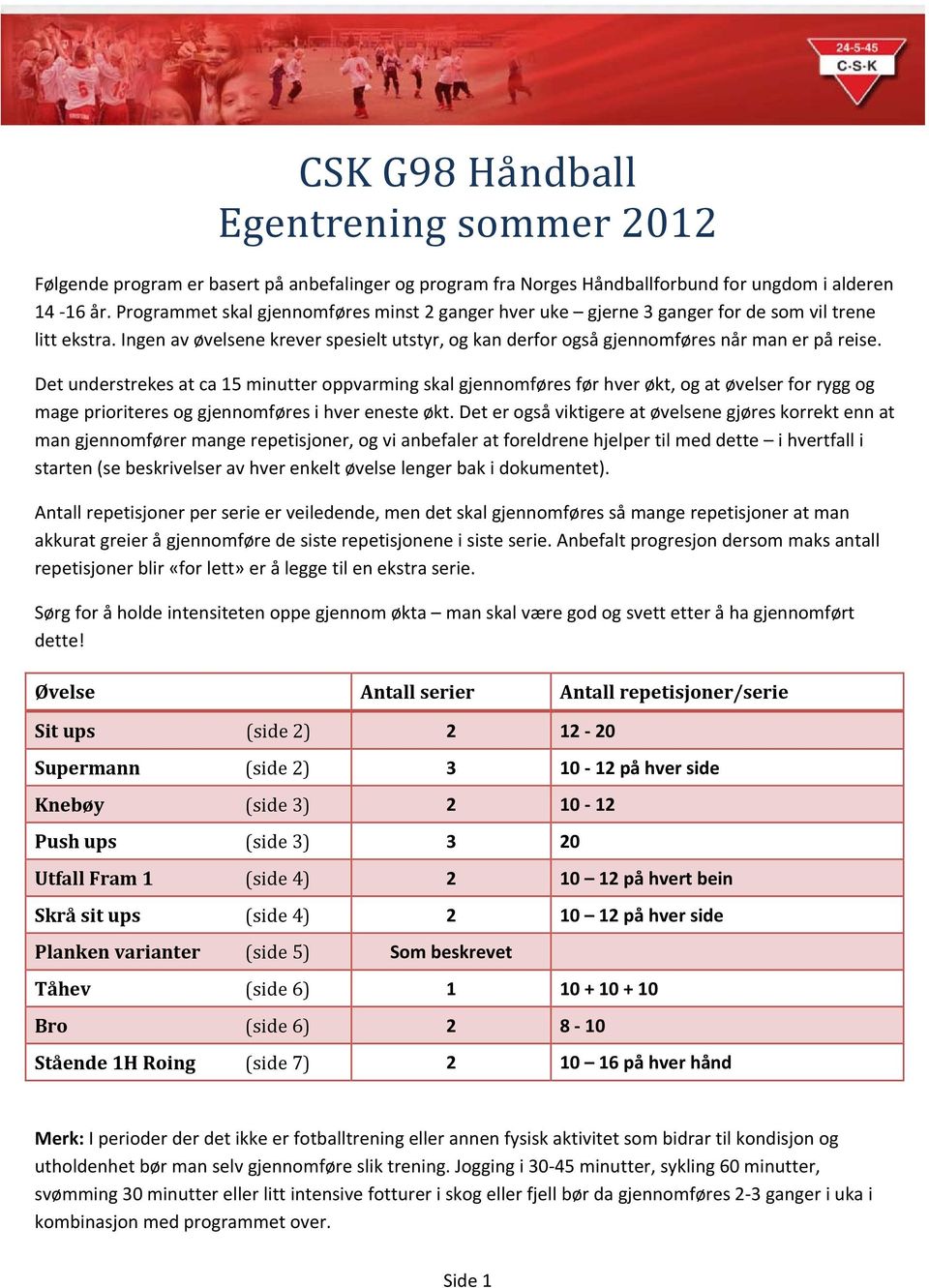 Det understrekes at ca 15 minutter oppvarming skal gjennomføres før hver økt, og at øvelser for rygg og mage prioriteres og gjennomføres i hver eneste økt.