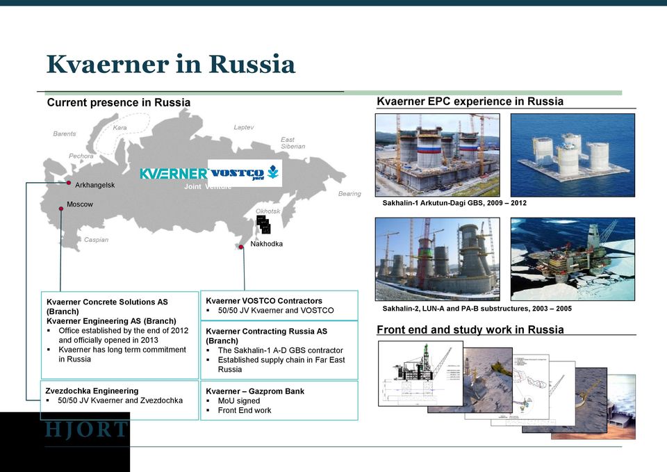 Kvaerner VOSTCO Contractors 50/50 JV Kvaerner and VOSTCO Kvaerner Contracting Russia AS (Branch) The Sakhalin-1 A-D GBS contractor Established supply chain in Far East Russia
