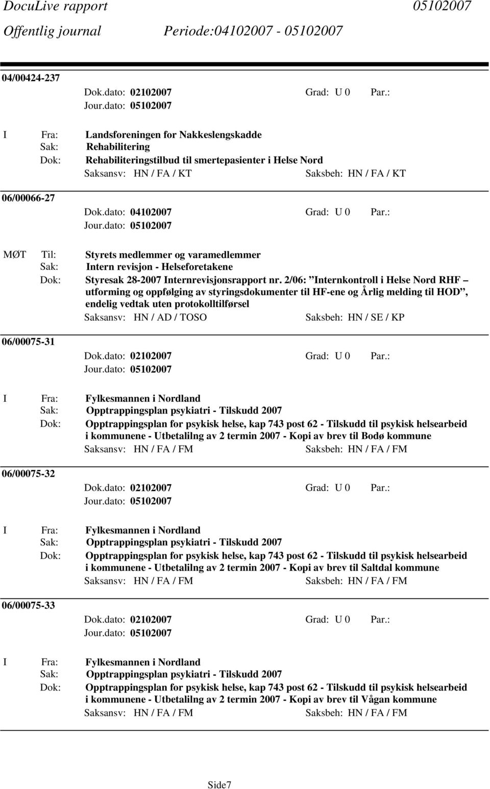 2/06: Internkontroll i Helse Nord RHF utforming og oppfølging av styringsdokumenter til HF-ene og Årlig melding til HOD, endelig vedtak uten protokolltilførsel Saksansv: HN / AD / TOSO Saksbeh: HN /