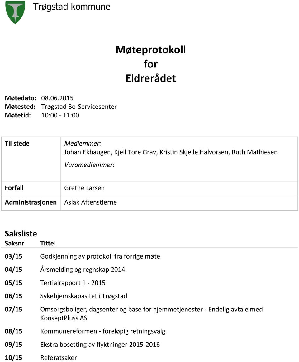 Halvorsen, Ruth Mathiesen Varamedlemmer: Forfall Administrasjonen Grethe Larsen Aslak Aftenstierne Saksliste Saksnr Tittel 03/15 Godkjenning av protokoll fra forrige