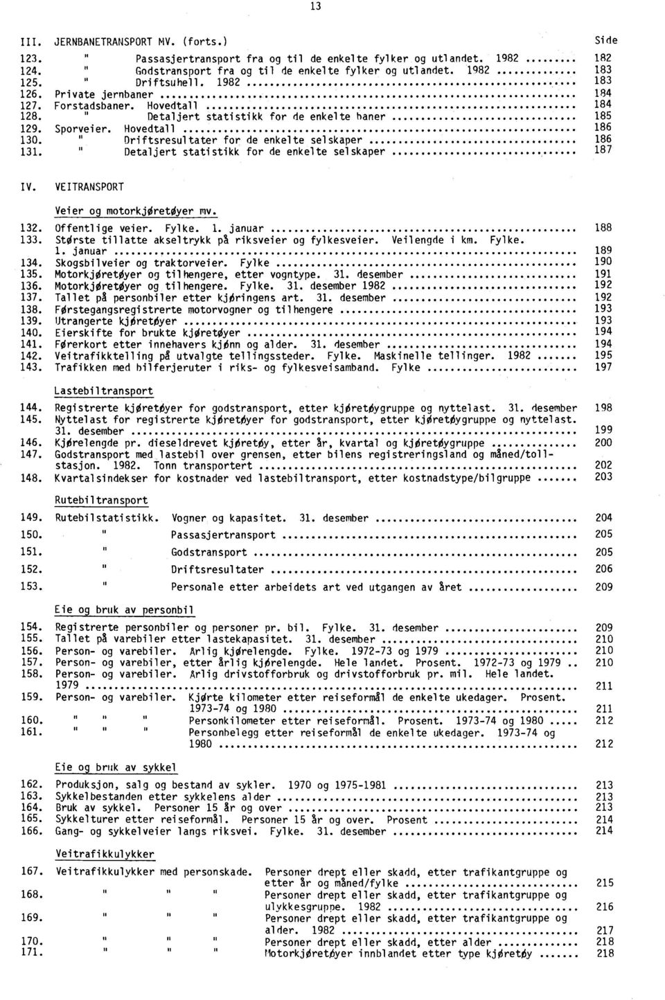 Driftsresultater for de enkelte selskaper 186 It 131. Detaljert statistikk for de enkelte selskaper 187 IV. VEITRANSPORT Veier og motorkjøretøyer mv. 132. Offentlige veier. Fylke. 1. januar 188 133.