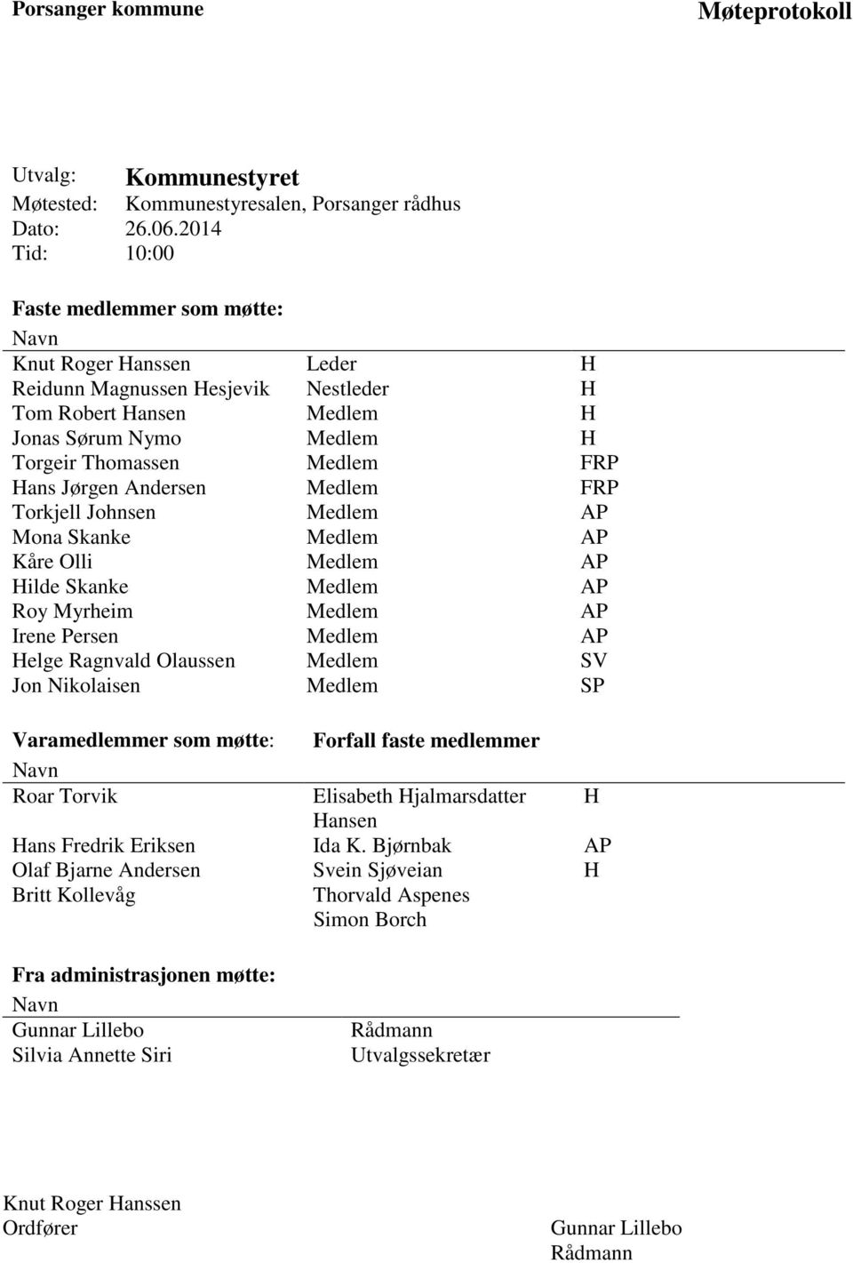 Hans Jørgen Andersen Medlem FRP Torkjell Johnsen Medlem AP Mona Skanke Medlem AP Kåre Olli Medlem AP Hilde Skanke Medlem AP Roy Myrheim Medlem AP Irene Persen Medlem AP Helge Ragnvald Olaussen Medlem