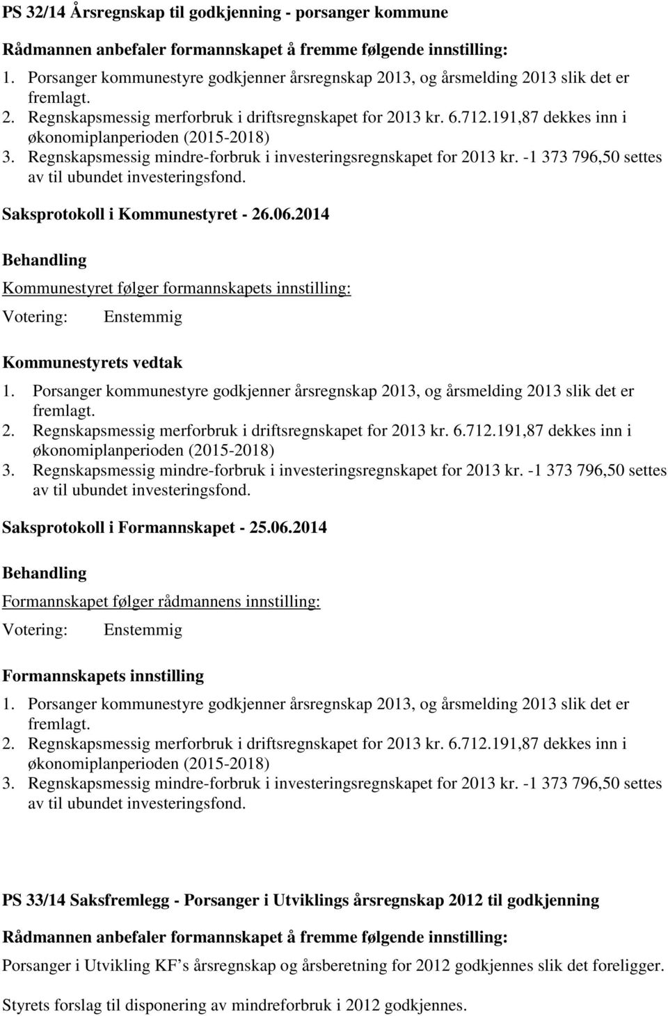 191,87 dekkes inn i økonomiplanperioden (2015-2018) 3. Regnskapsmessig mindre-forbruk i investeringsregnskapet for 2013 kr. -1 373 796,50 settes av til ubundet investeringsfond.