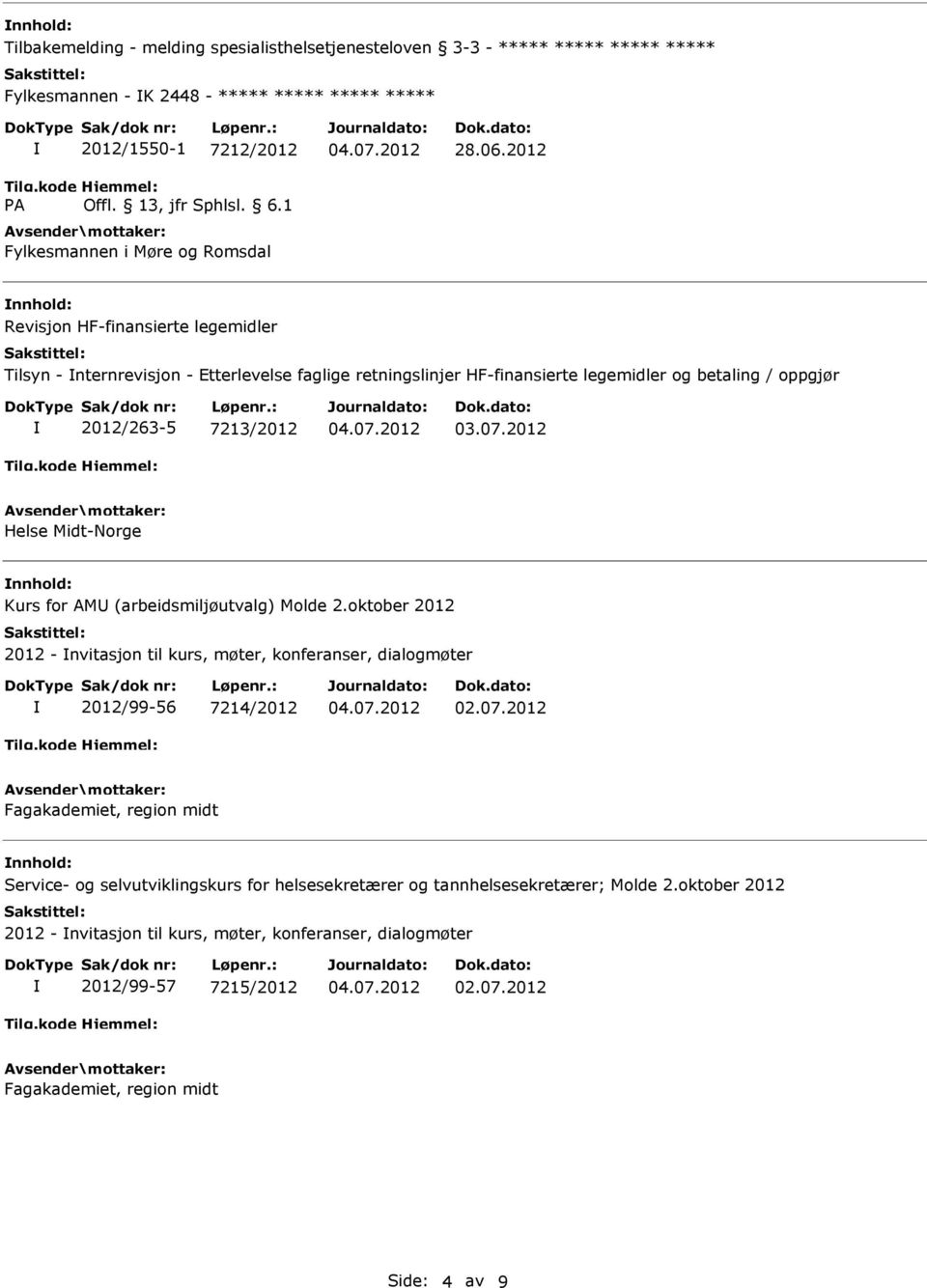 2012 nnhold: Revisjon HF-finansierte legemidler Tilsyn - nternrevisjon - Etterlevelse faglige retningslinjer HF-finansierte legemidler og betaling / oppgjør 2012/263-5 7213/2012 nnhold: Kurs