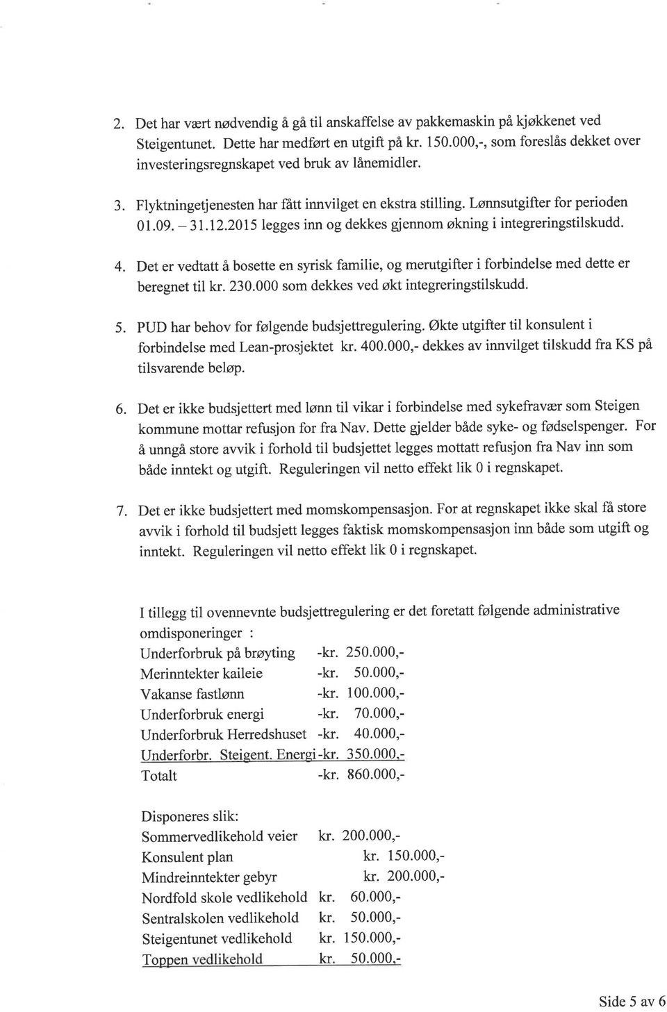 2015 legges inn og dekkes gjennom økning i integreringstilskudd. 4. Det er vedtatt å bosette en syrisk familie, og merutgifter i forbindelse med dette er beregnet til. 230.