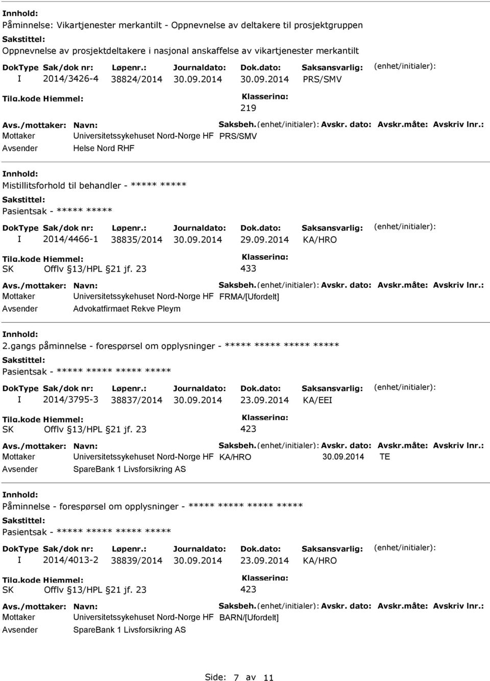 : Mottaker niversitetssykehuset Nord-Norge HF PRS/SMV Helse Nord RHF Mistillitsforhold til behandler - ***** ***** Pasientsak - ***** ***** 2014/4466-1 38835/2014 433 Avs./mottaker: Navn: Saksbeh.