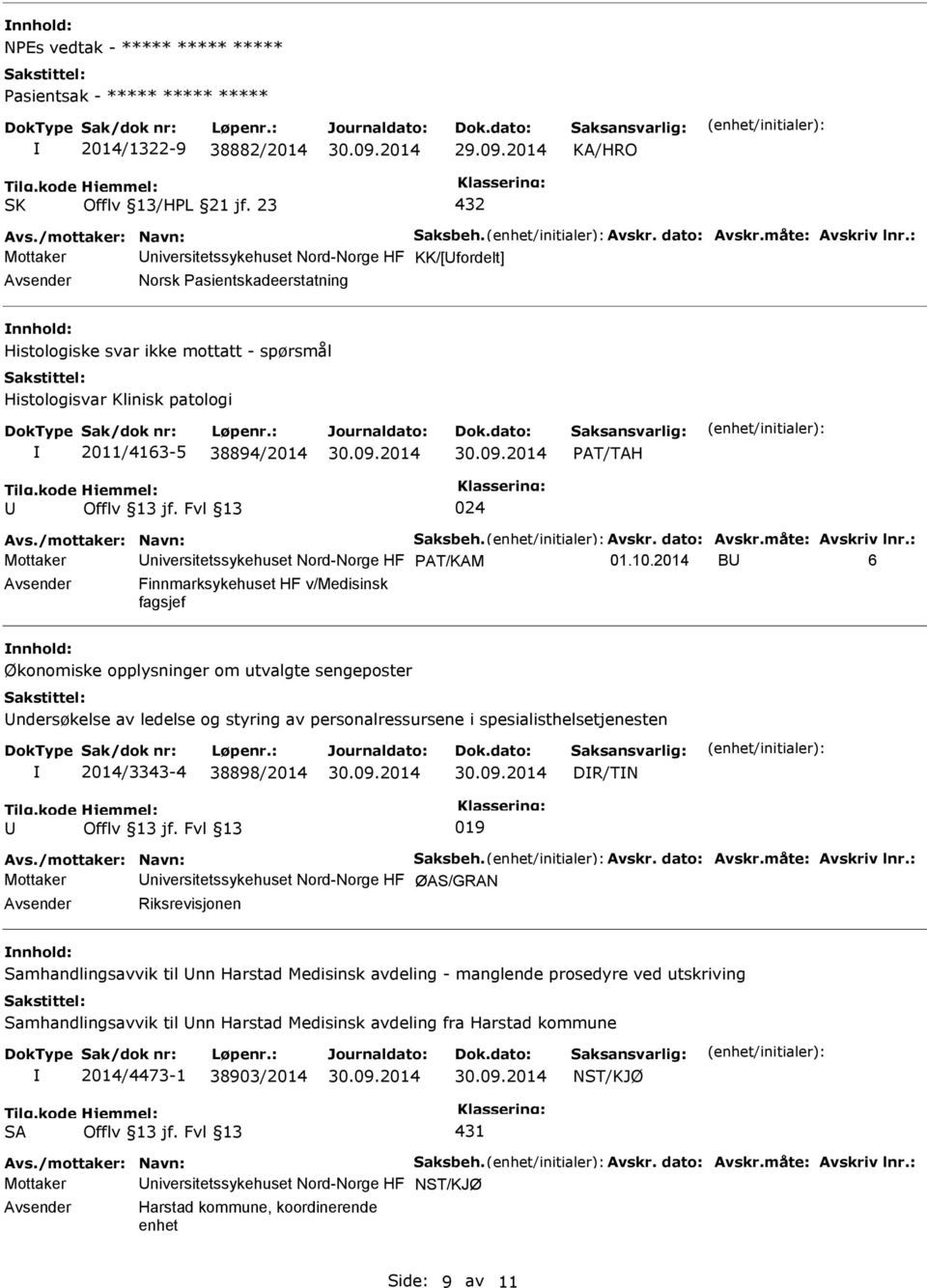 /mottaker: Navn: Saksbeh. Avskr. dato: Avskr.måte: Avskriv lnr.: Mottaker niversitetssykehuset Nord-Norge HF PAT/KAM 01.10.