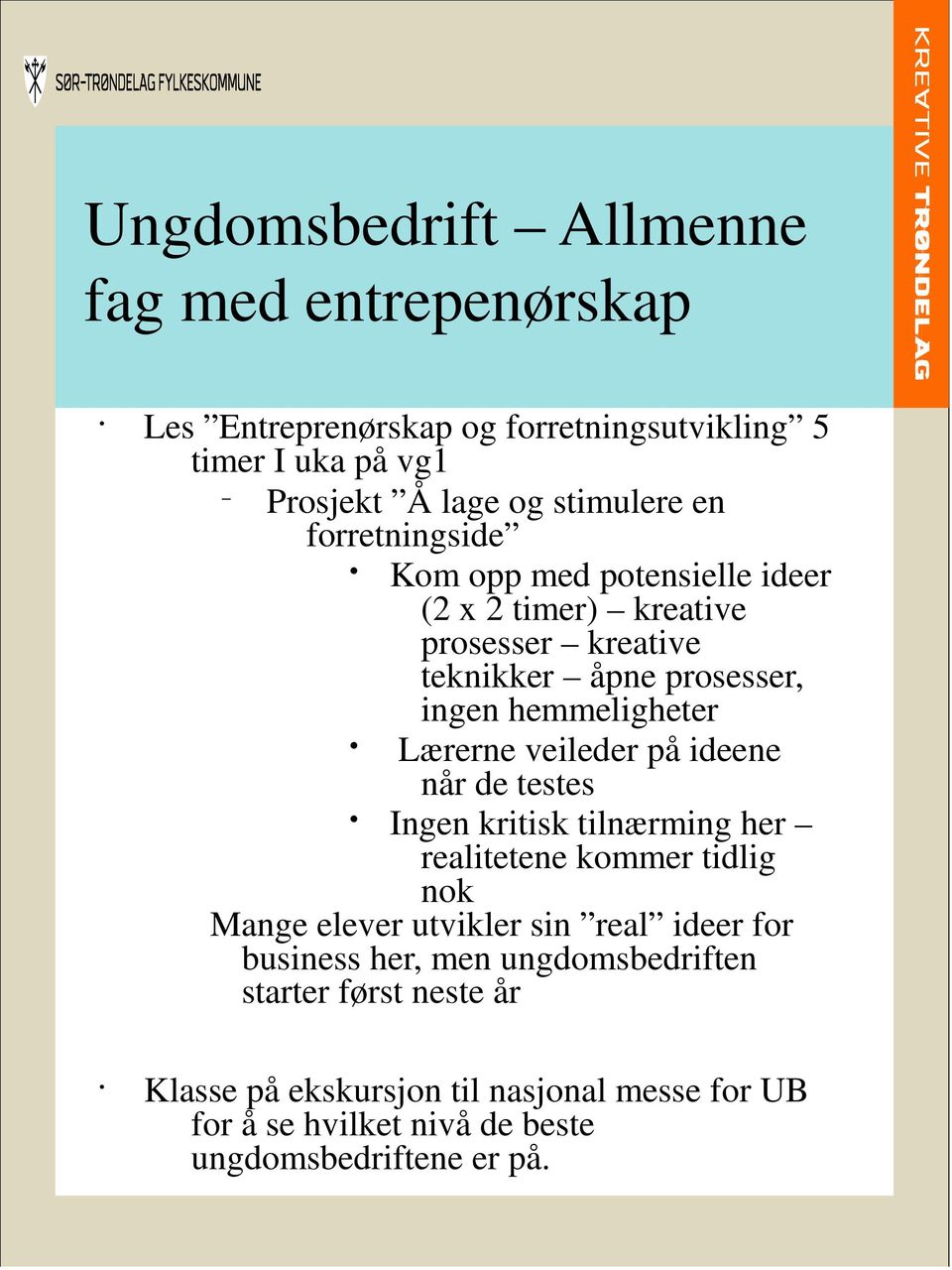 veileder på ideene når de testes Ingen kritisk tilnærming her realitetene kommer tidlig nok Mange elever utvikler sin real ideer for business