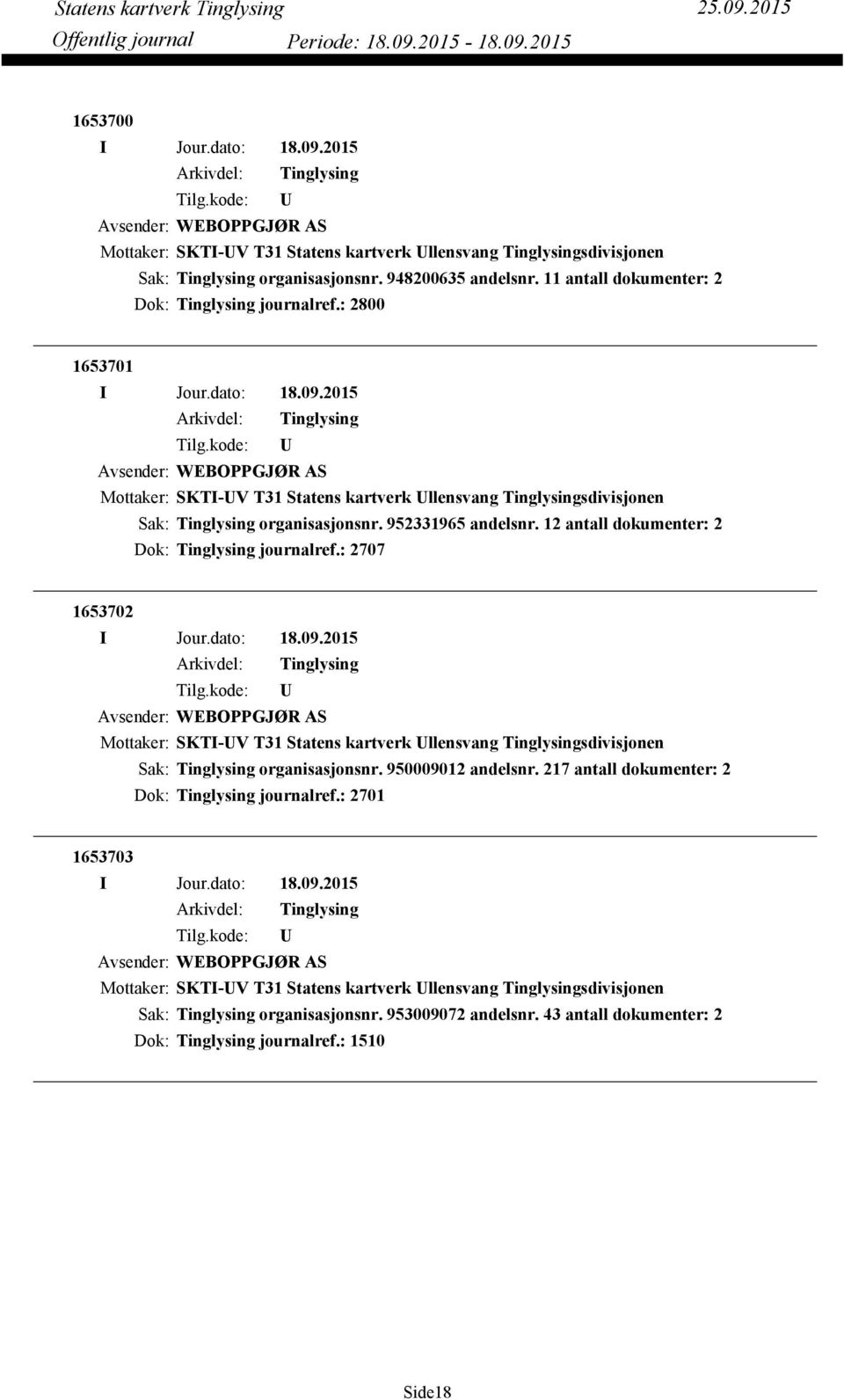 12 antall dokumenter: 2 Dok: journalref.: 2707 1653702 Avsender: WEBOPPGJØR AS organisasjonsnr. 950009012 andelsnr.