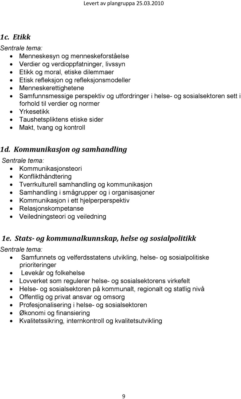 Kommunikasjon og samhandling Kommunikasjonsteori Konflikthåndtering Tverrkulturell samhandling og kommunikasjon Samhandling i smågrupper og i organisasjoner Kommunikasjon i ett hjelperperspektiv