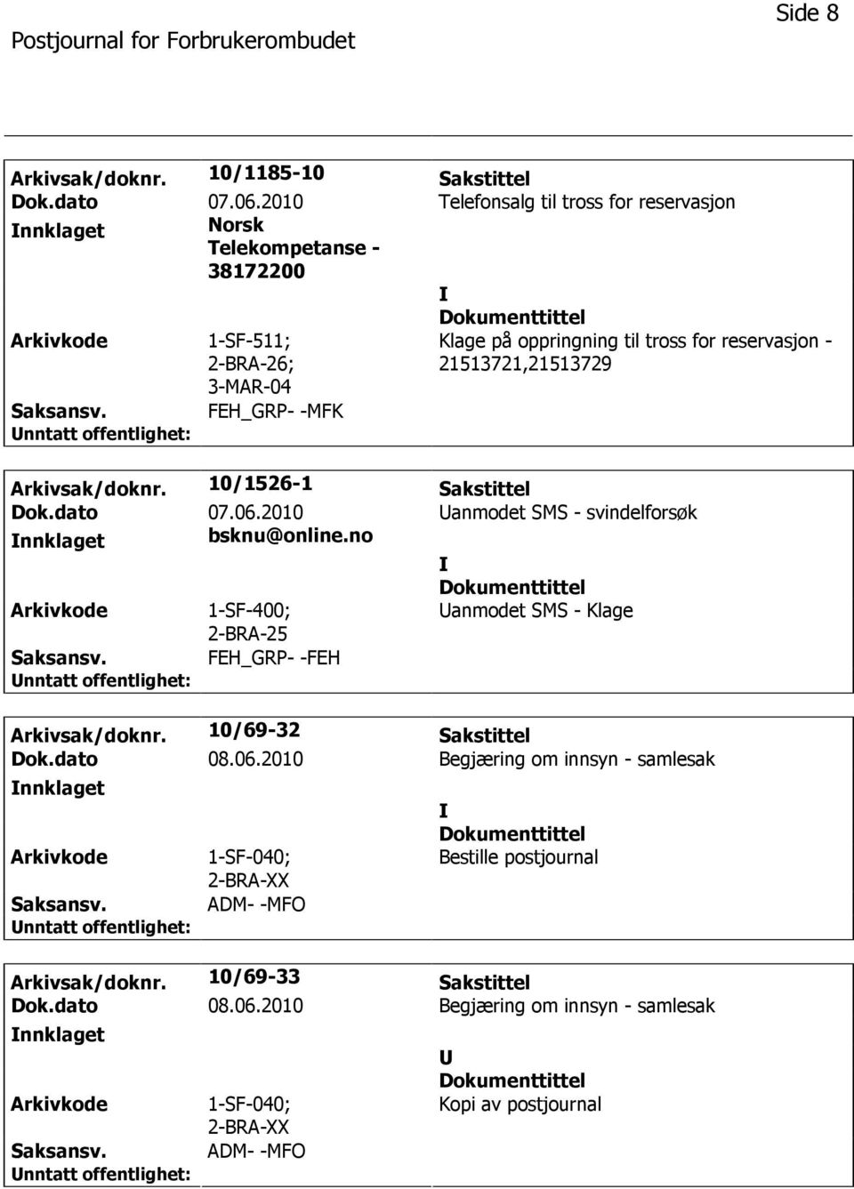 21513721,21513729 FEH_GRP- -MFK Arkivsak/doknr. 10/1526-1 Sakstittel Dok.dato 07.06.2010 anmodet SMS - svindelforsøk nnklaget bsknu@online.