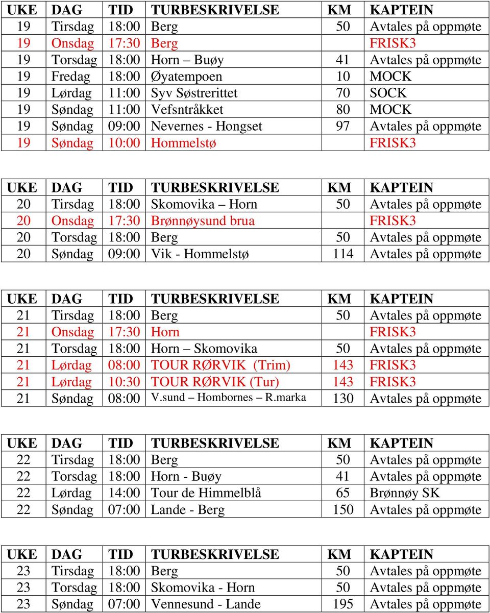 Brønnøysund brua FRISK3 20 Torsdag 18:00 Berg 50 Avtales på oppmøte 20 Søndag 09:00 Vik - Hommelstø 114 Avtales på oppmøte 21 Tirsdag 18:00 Berg 50 Avtales på oppmøte 21 Onsdag 17:30 Horn FRISK3 21