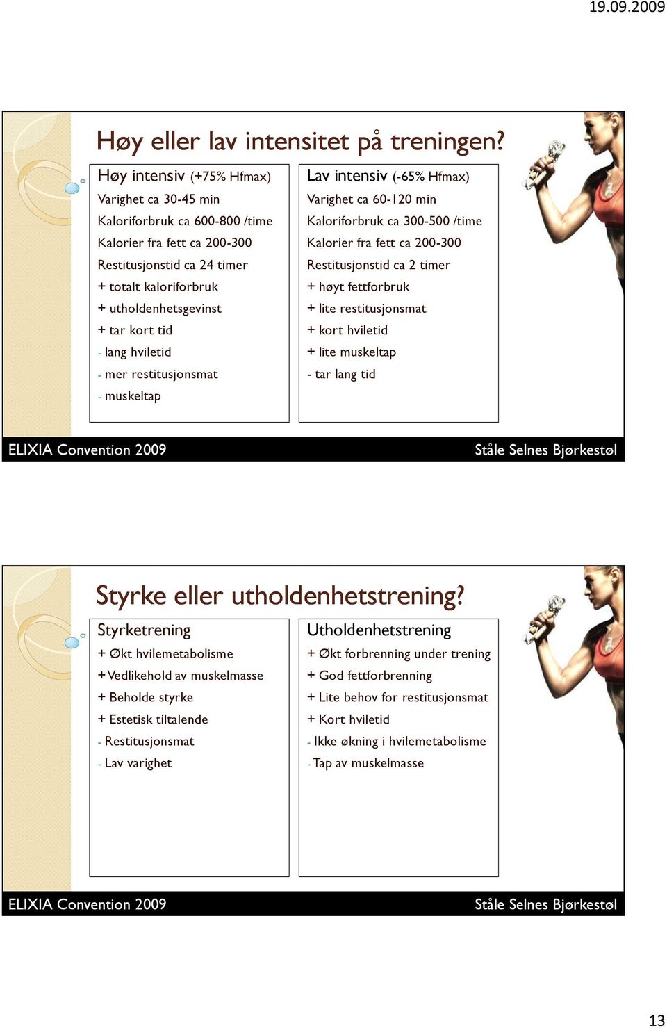 lang hviletid - mer restitusjonsmat - muskeltap Lav intensiv (-65% Hfmax) Varighet ca 60-120 min Kaloriforbruk ca 300-500 /time Kalorier fra fett ca 200-300 Restitusjonstid ca 2 timer + høyt