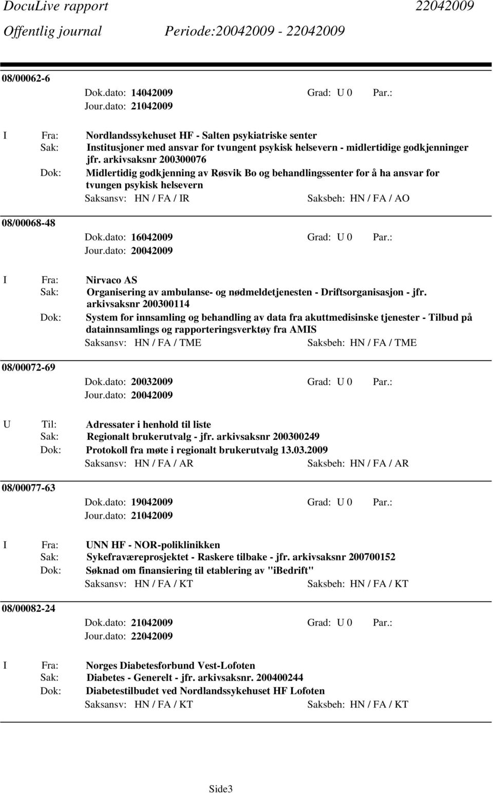 dato: 16042009 Grad: U 0 Par.: I Fra: Nirvaco AS Sak: Organisering av ambulanse- og nødmeldetjenesten - Driftsorganisasjon - jfr.