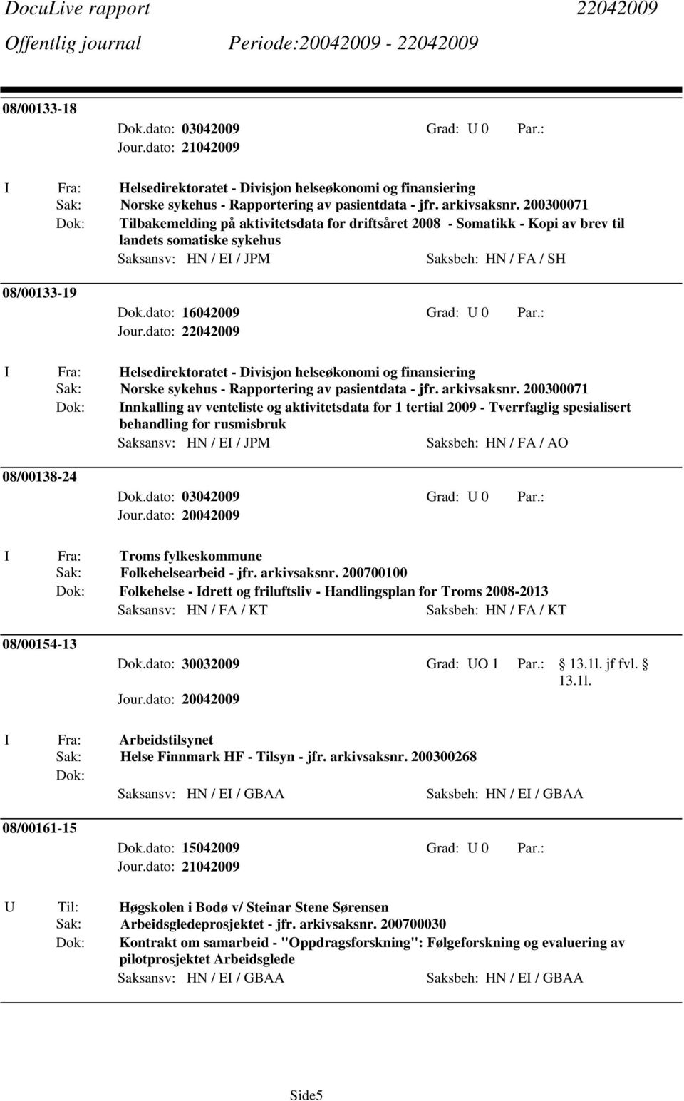 dato: 16042009 Grad: U 0 Par.: I Fra: Helsedirektoratet - Divisjon helseøkonomi og finansiering Sak: Norske sykehus - Rapportering av pasientdata - jfr. arkivsaksnr.