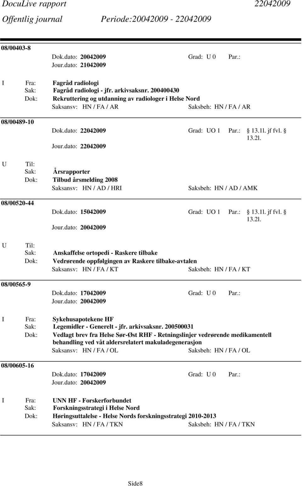 U Til: Sak: Årsrapporter Tilbud årsmelding 2008 Saksansv: HN / AD / HRI Saksbeh: HN / AD / AMK 08/00520-44 Dok.dato: 15042009 Grad: UO 1 Par.: 13.1l. jf fvl.