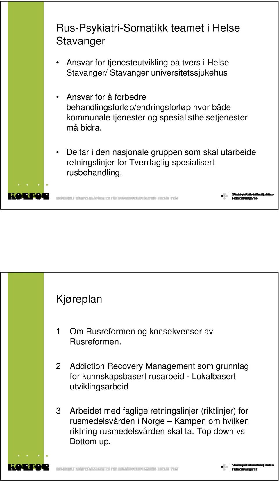 Deltar i den nasjonale gruppen som skal utarbeide retningslinjer for Tverrfaglig spesialisert rusbehandling. Kjøreplan 1 Om Rusreformen og konsekvenser av Rusreformen.