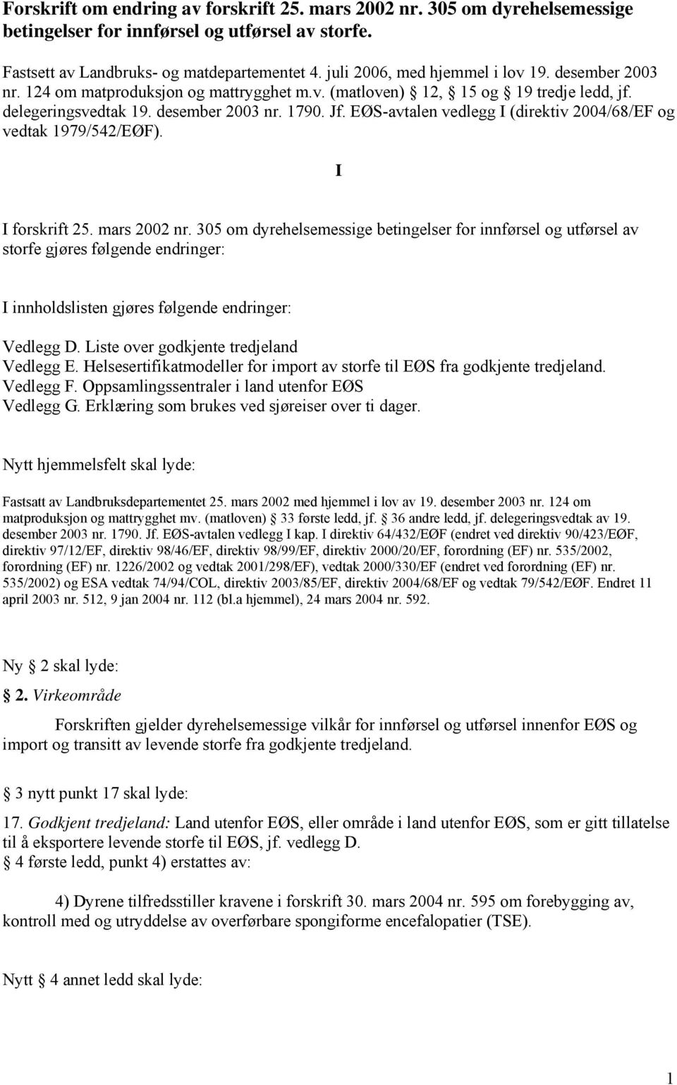 EØS-avtalen vedlegg I (direktiv 2004/68/EF og vedtak 1979/542/EØF). I I forskrift 25. mars 2002 nr.