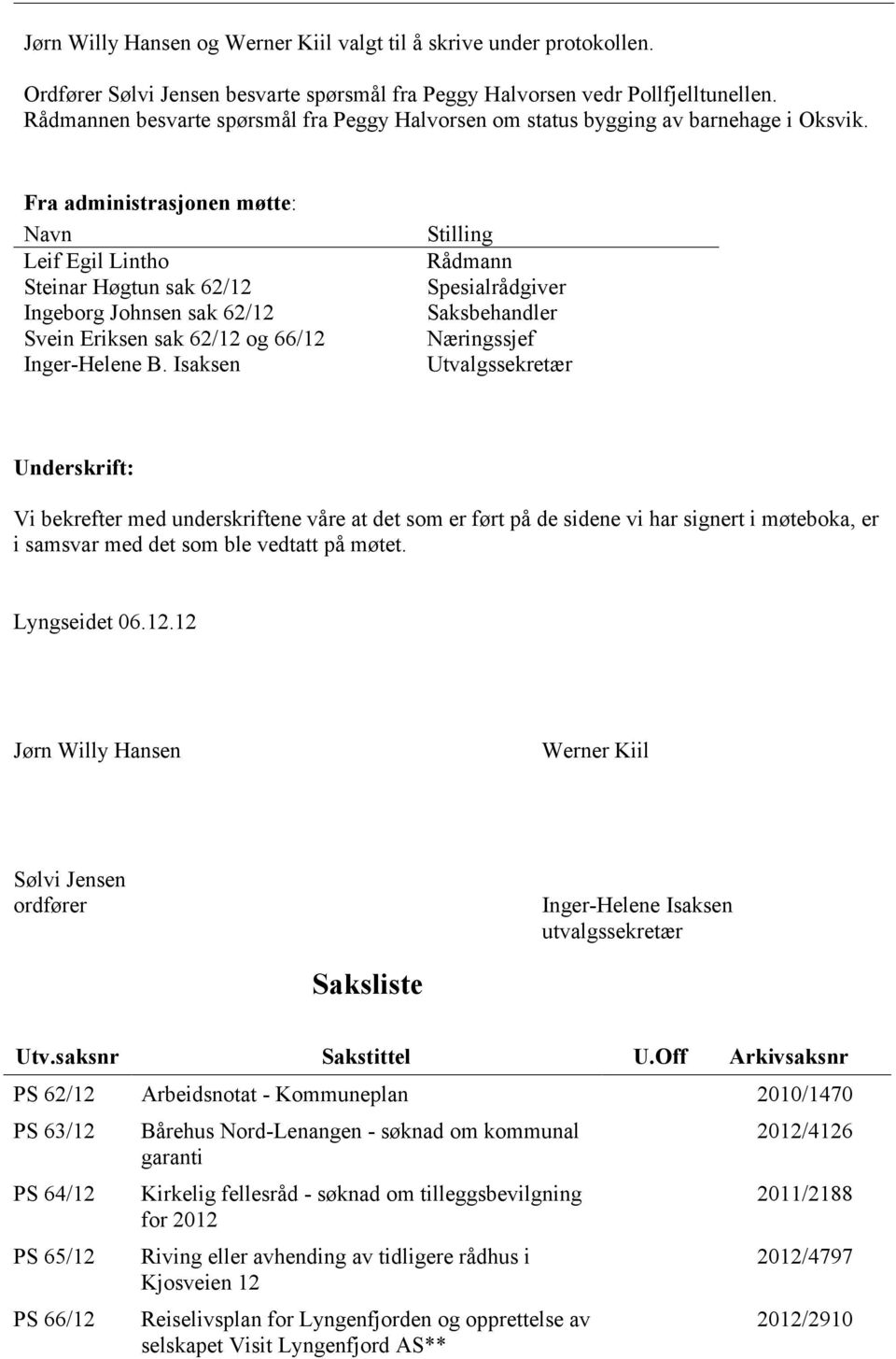 Fra administrasjonen møtte: Navn Leif Egil Lintho Steinar Høgtun sak 62/12 Ingeborg Johnsen sak 62/12 Svein Eriksen sak 62/12 og 66/12 Inger-Helene B.