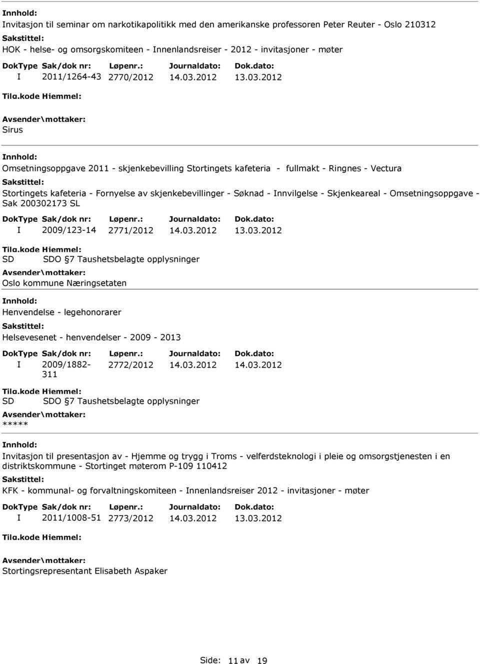 Skjenkeareal - Omsetningsoppgave - Sak 200302173 SL 2009/123-14 2771/2012 O 7 Taushetsbelagte opplysninger Oslo kommune Næringsetaten Henvendelse - legehonorarer Helsevesenet - henvendelser -