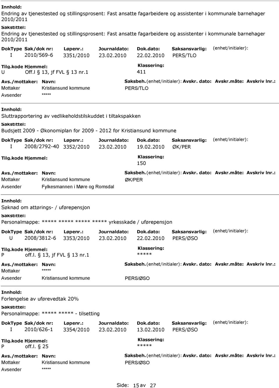 : PRS/TLO Sluttrapportering av vedlikeholdstilskuddet i tiltakspakken Budsjett 2009 - Økonomiplan for 2009-2012 for 2008/2792-40 3352/2010 19.02.2010 ØK/PR 150 vs./mottaker: Navn: Saksbeh. vskr.