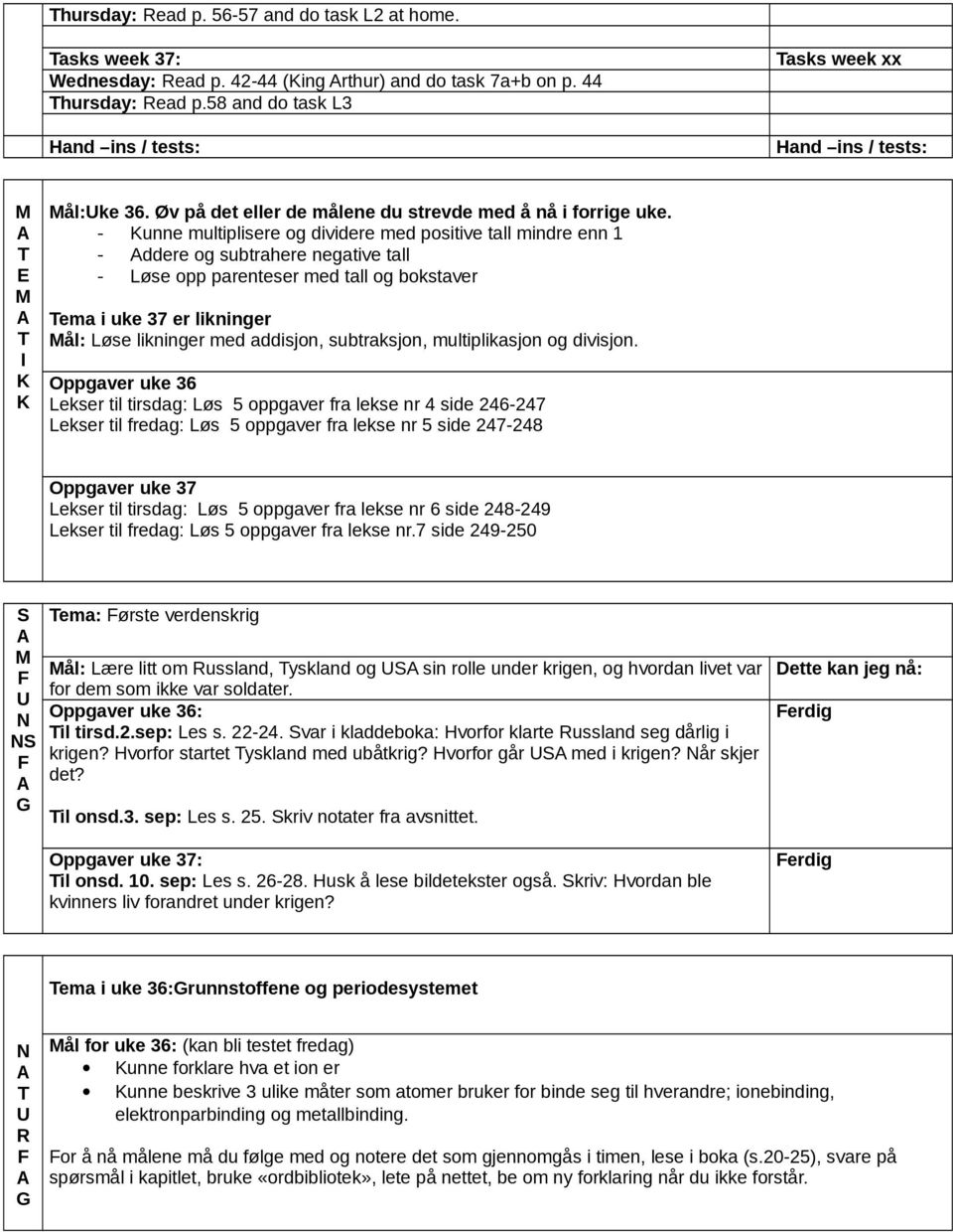 - unne multiplisere og dividere med positive tall mindre enn 1 - ddere og subtrahere negative tall - Løse opp parenteser med tall og bokstaver ema i uke 37 er likninger ål: Løse likninger med