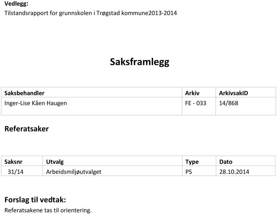 033 14/868 Referatsaker 31/14 Arbeidsmiljøutvalget PS 28.