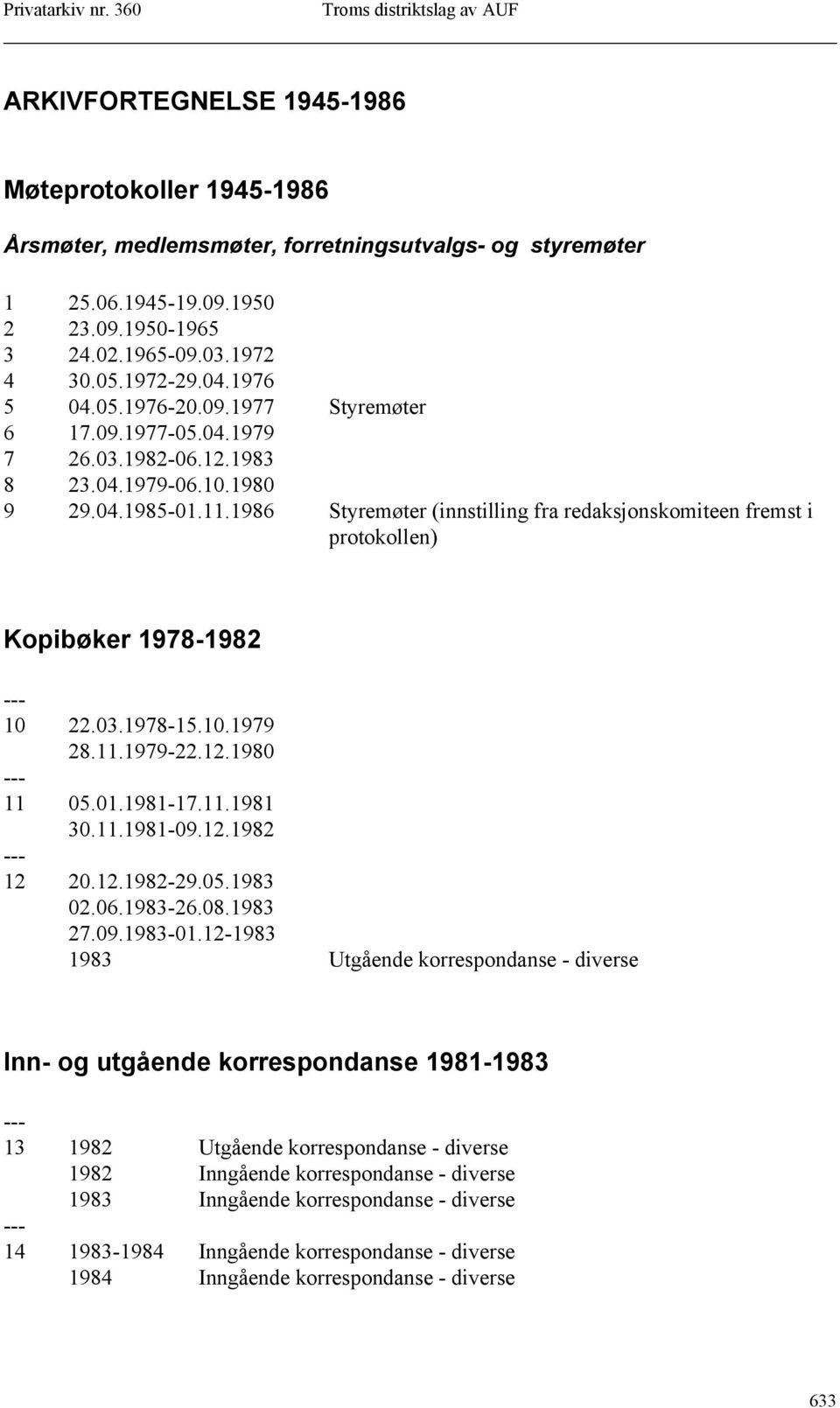 1986 Styremøter (innstilling fra redaksjonskomiteen fremst i protokollen) Kopibøker 1978-1982 10 22.03.1978-15.10.1979 28.11.1979-22.12.1980 11 05.01.1981-17.11.1981 30.11.1981-09.12.1982 12 20.12.1982-29.