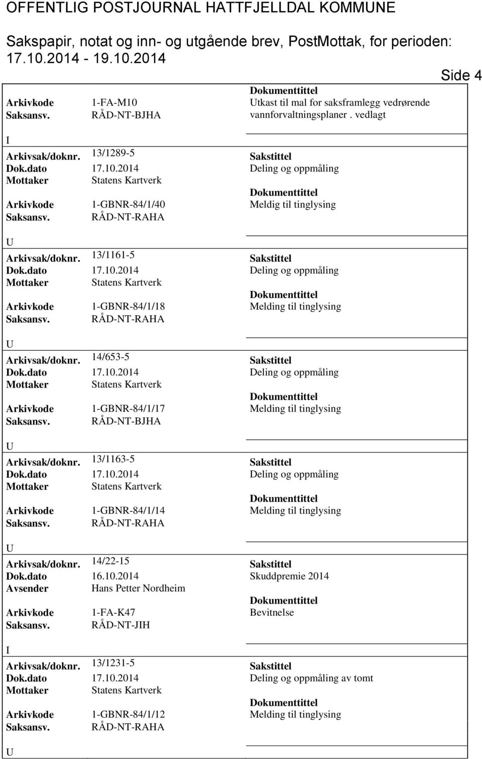 14/653-5 Sakstittel Arkivkode 1-GBNR-84/1/17 Melding til tinglysing Arkivsak/doknr. 13/1163-5 Sakstittel Arkivkode 1-GBNR-84/1/14 Melding til tinglysing Arkivsak/doknr.