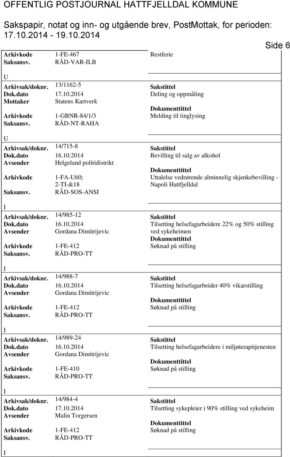 2014 Bevilling til salg av alkohol Avsender Helgeland politidistrikt Arkivkode 1-FA-60; 2-T-&18 ttalelse vedrørende alminnelig skjenkebevilling - Napoli Hattfjelldal Saksansv.