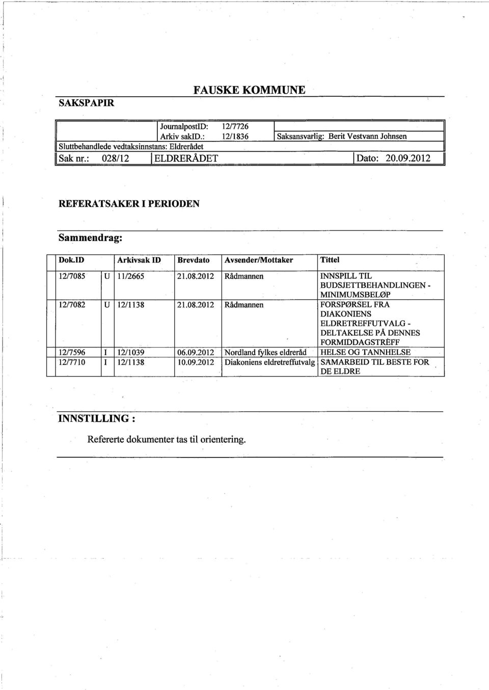 U 11/2665 21.08.2012 Rådmànnen INNSPILL TIL BUDSJETTBEHANDLINGEN - MINIMSBELØP 1217082 U 12/1138 21.08.2012 Rådmannen FORSP0RSEL FRA DIAKONIENS ELDRETREFFUTVALG - DELTAKELSE PÅ DENNS FORMIDDAGSTREFF 1217596 I 12/1039 06.