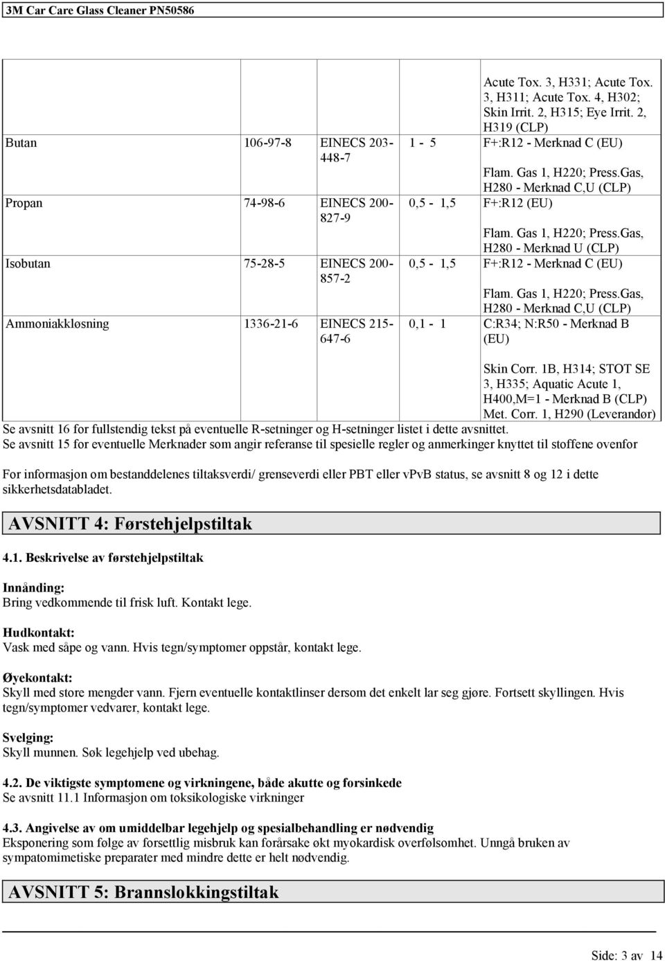 Gas 1, H220; Press.Gas, H280 - Merknad C,U (CLP) 0,1-1 C:R34; N:R50 - Merknad B (EU) Skin Corr.