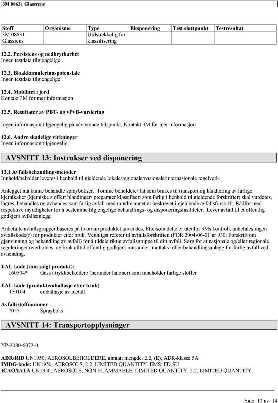 Andre skadelige virkninger Ingen informasjon tilgjengelig AVSNITT 13: Instrukser ved disponering 13.