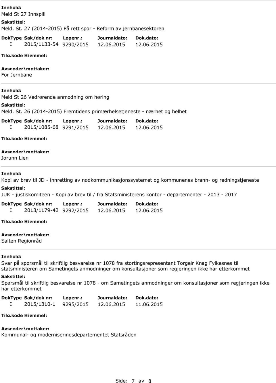 27 (2014-2015) På rett spor - Reform av jernbanesektoren 2015/1133-54 9290/2015 For Jernbane 26 Vedrørende anmodning om høring Meld. St.